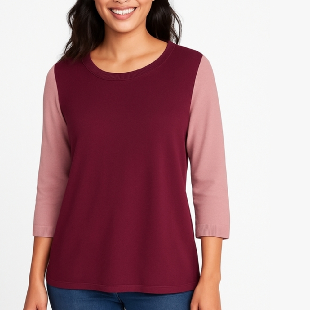 Old Navy NWT Womens Tall Maroon & Blush Pink Cotton 3/4 Sleeve Crew Neck Sweater